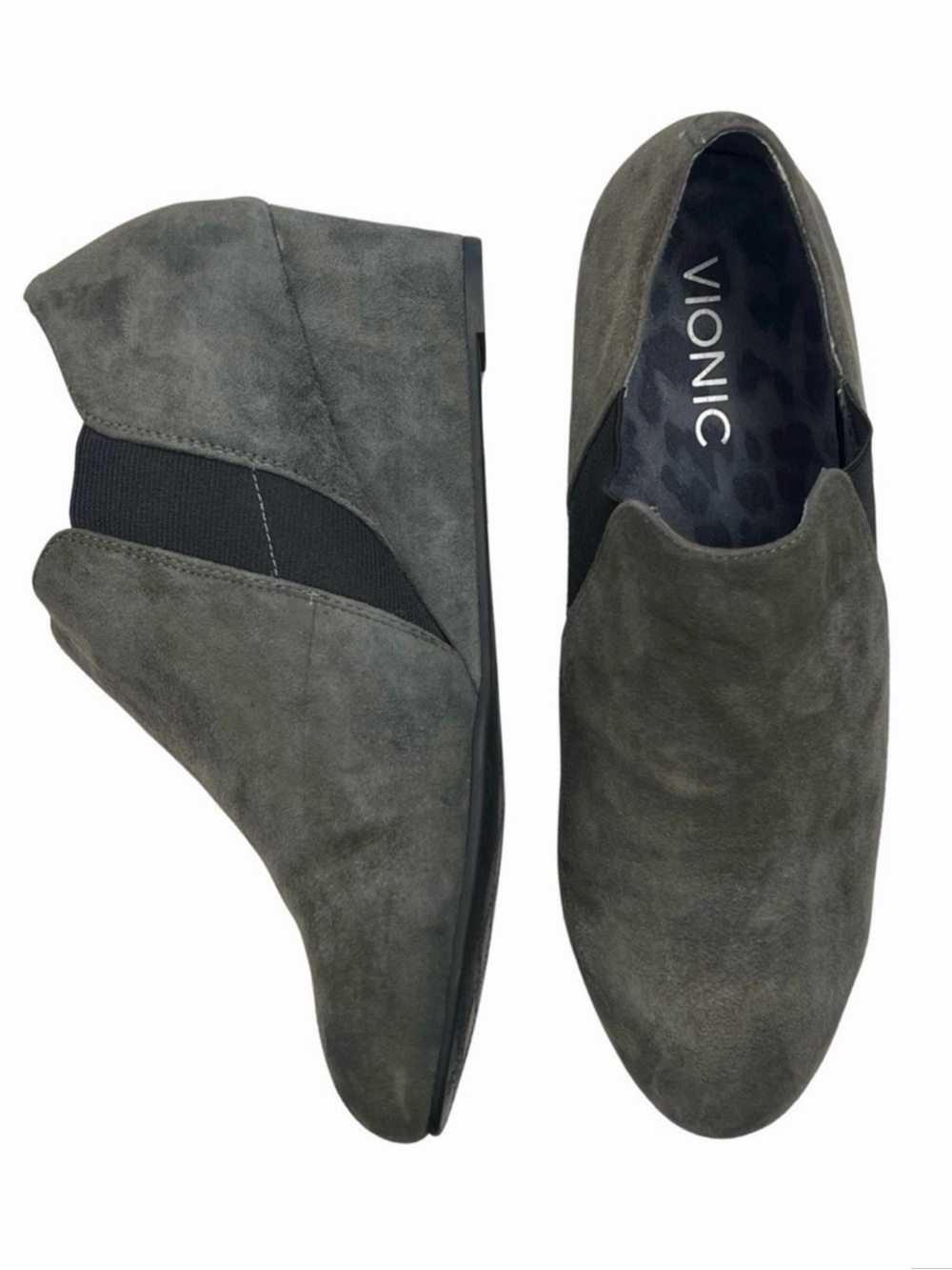 Vionic Suede Booties Stanton Closed Toe Elastic Gore Slip On Wedges Gray 6.5